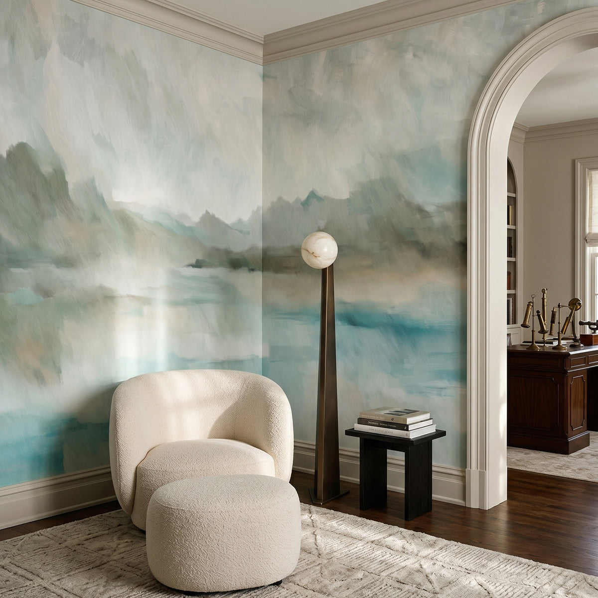 Velvet Horizon wallpaper mural shown in reading corner with boucle chair