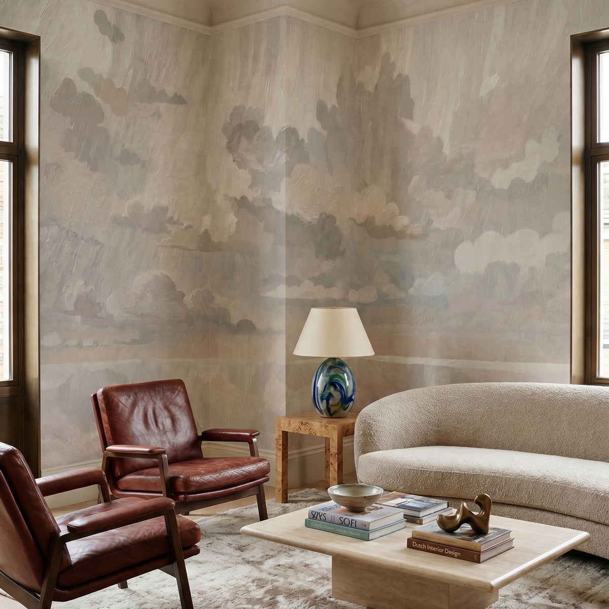 Velvet Smoke wallpaper mural shown in living room with curved sofa and leather armchairs