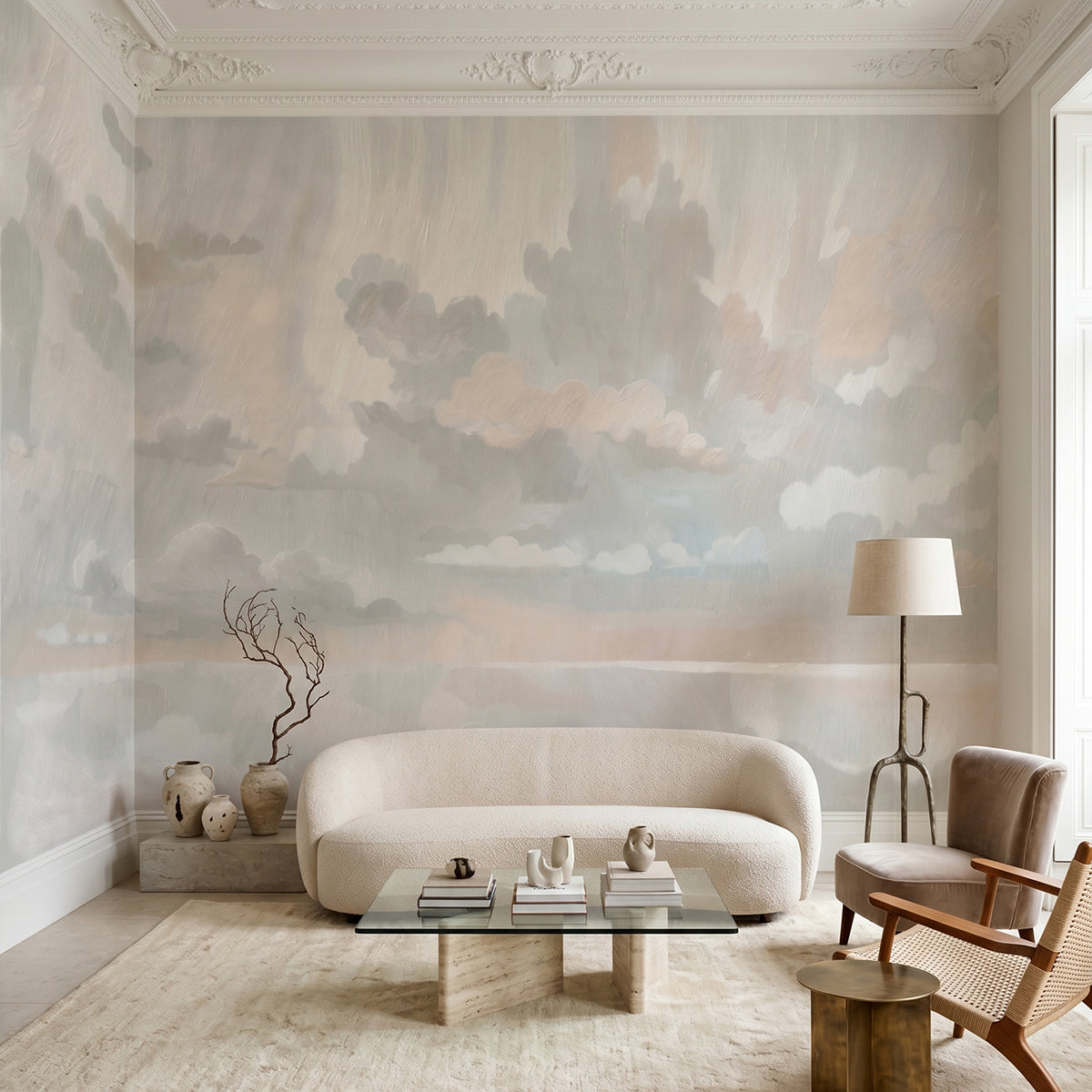 Velvet Smoke wallpaper mural shown in living room with curved sofa and wood chair