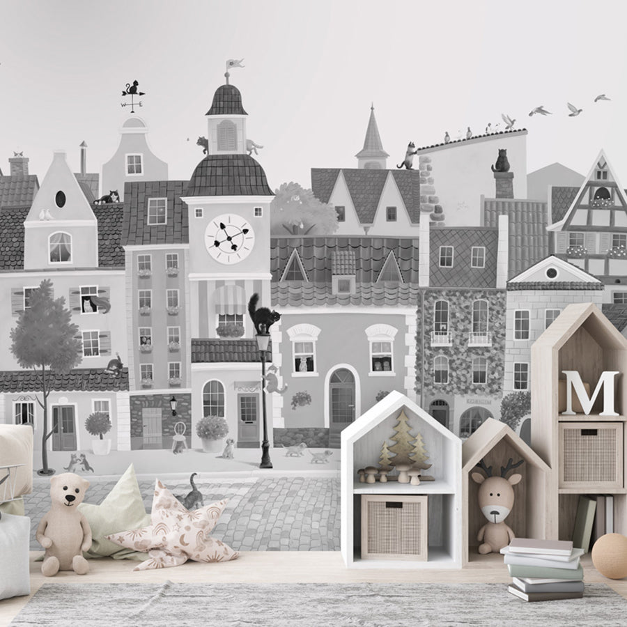 Village Cats – Black and White wallpaper mural shown in a children's bedroom house shelves