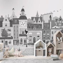 Village Cats – Black and White wallpaper mural shown in a children's bedroom house shelves