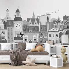 Village Cats – Black and White wallpaper mural shown in a children's bedroom sofa
