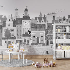 Village Cats – Black and White wallpaper mural shown in a children's playroom table
