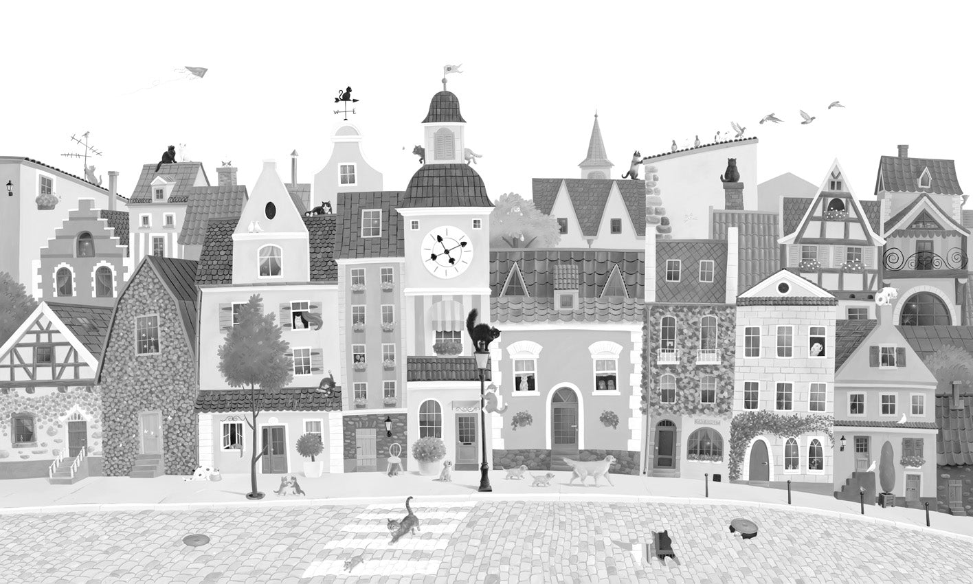 Village Cats – Black and White wallpaper mural by Oliver Robins