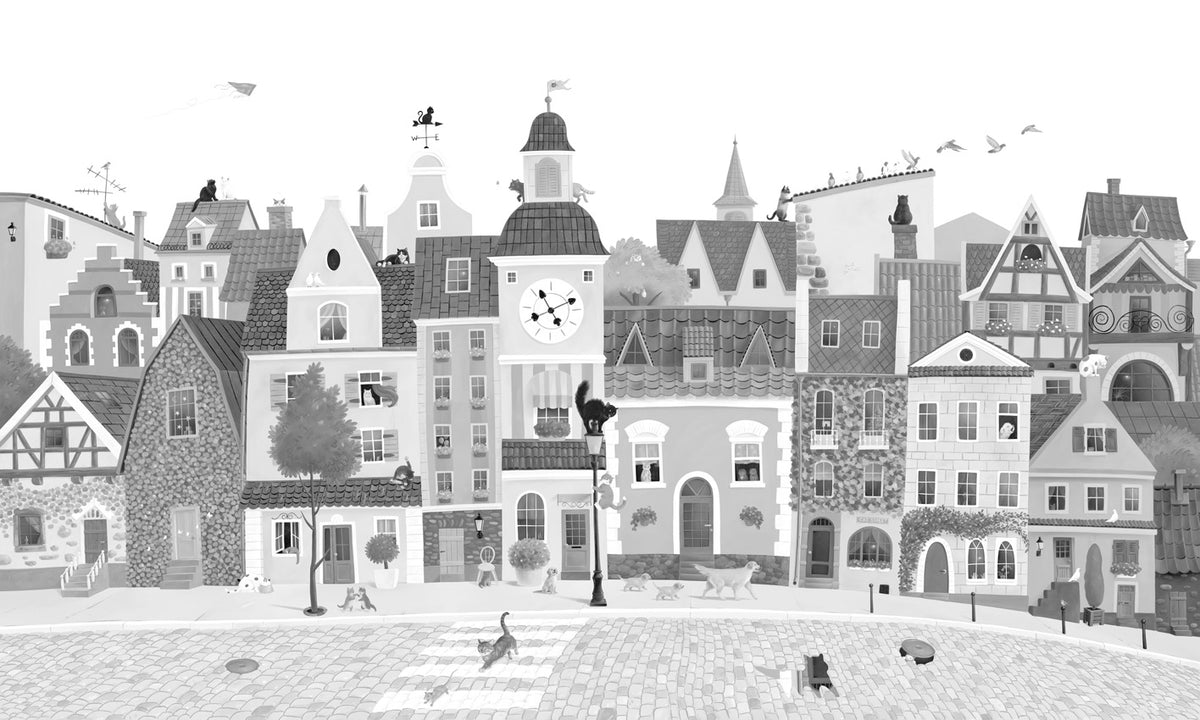 Village Cats – Black and White wallpaper mural by Oliver Robins