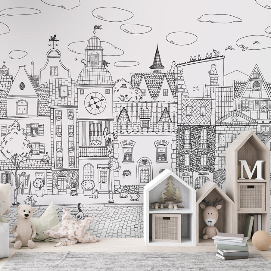 Village Cats – Black Lines wallpaper mural shown in a children's bedroom house shelves