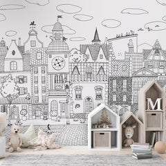 Village Cats – Black Lines wallpaper mural shown in a children's bedroom house shelves