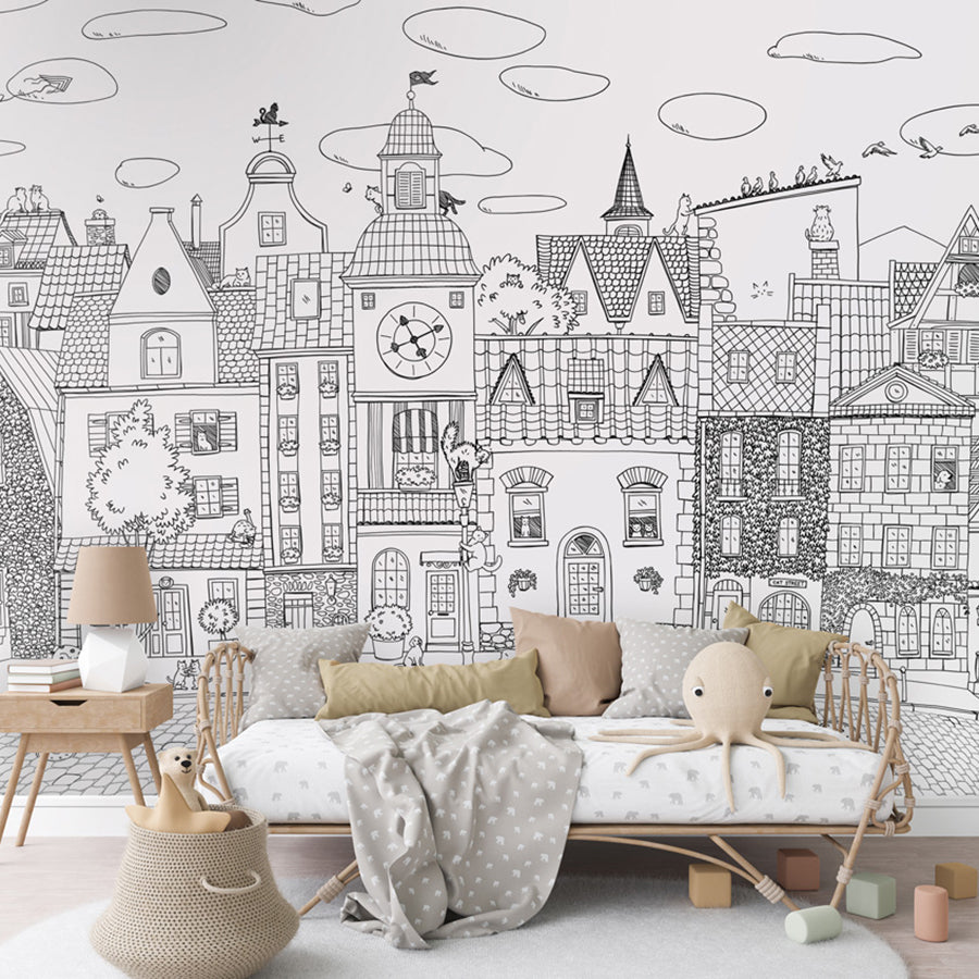 Village Cats – Black Lines wallpaper mural shown in a children's bedroom sofa