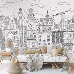 Village Cats – Black Lines wallpaper mural shown in a children's bedroom sofa