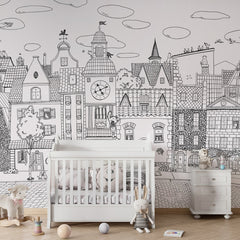 Village Cats – Black Lines wallpaper mural shown in a children's nursery crib