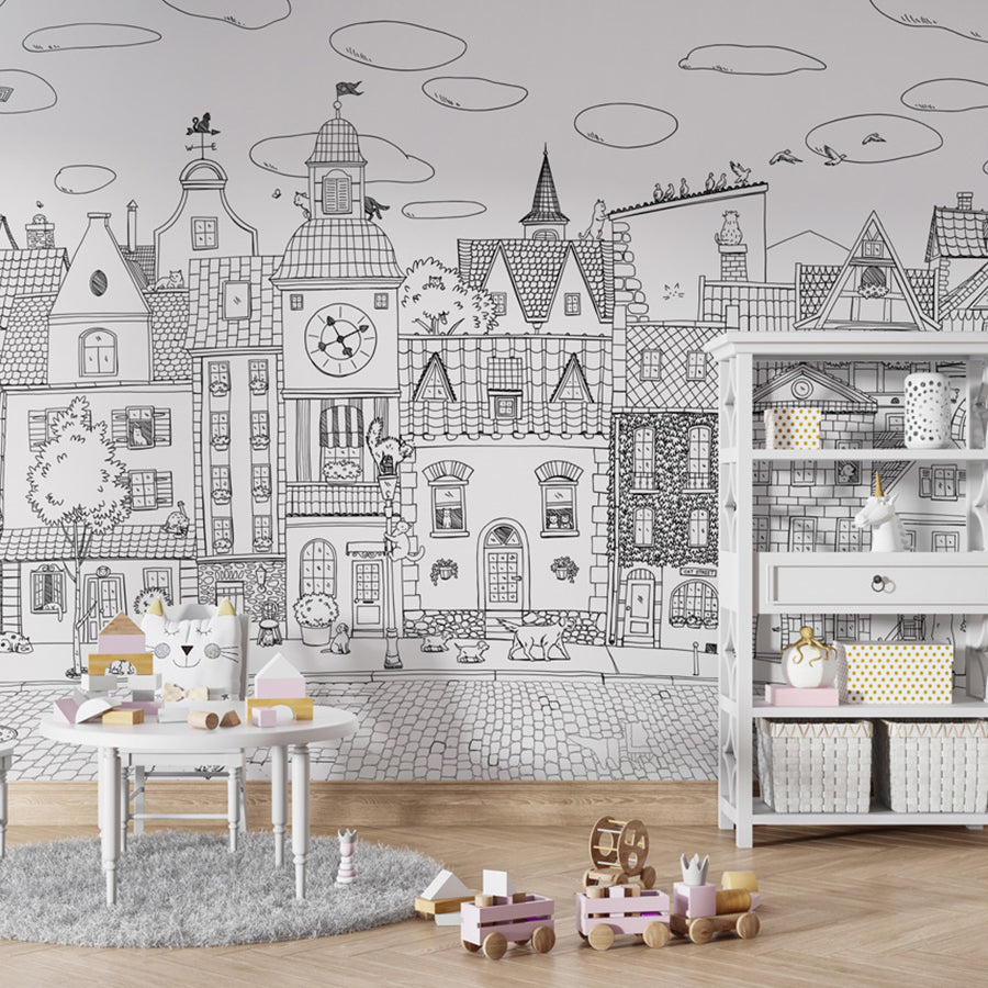 Village Cats – Black Lines wallpaper mural shown in a children's playroom table