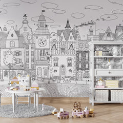 Village Cats – Black Lines wallpaper mural shown in a children's playroom table