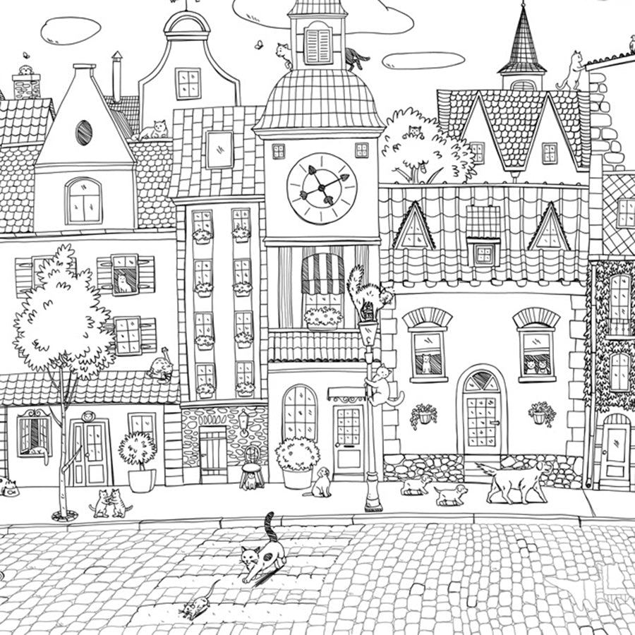 Close-up of the Village Cats – Black Lines wallpaper mural by Oliver Robins