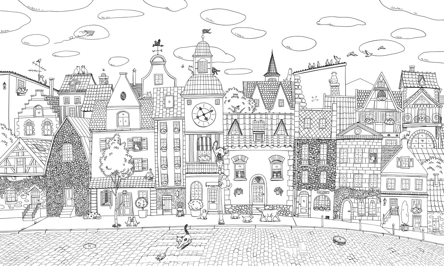 Village Cats – Black Lines wallpaper mural by Oliver Robins