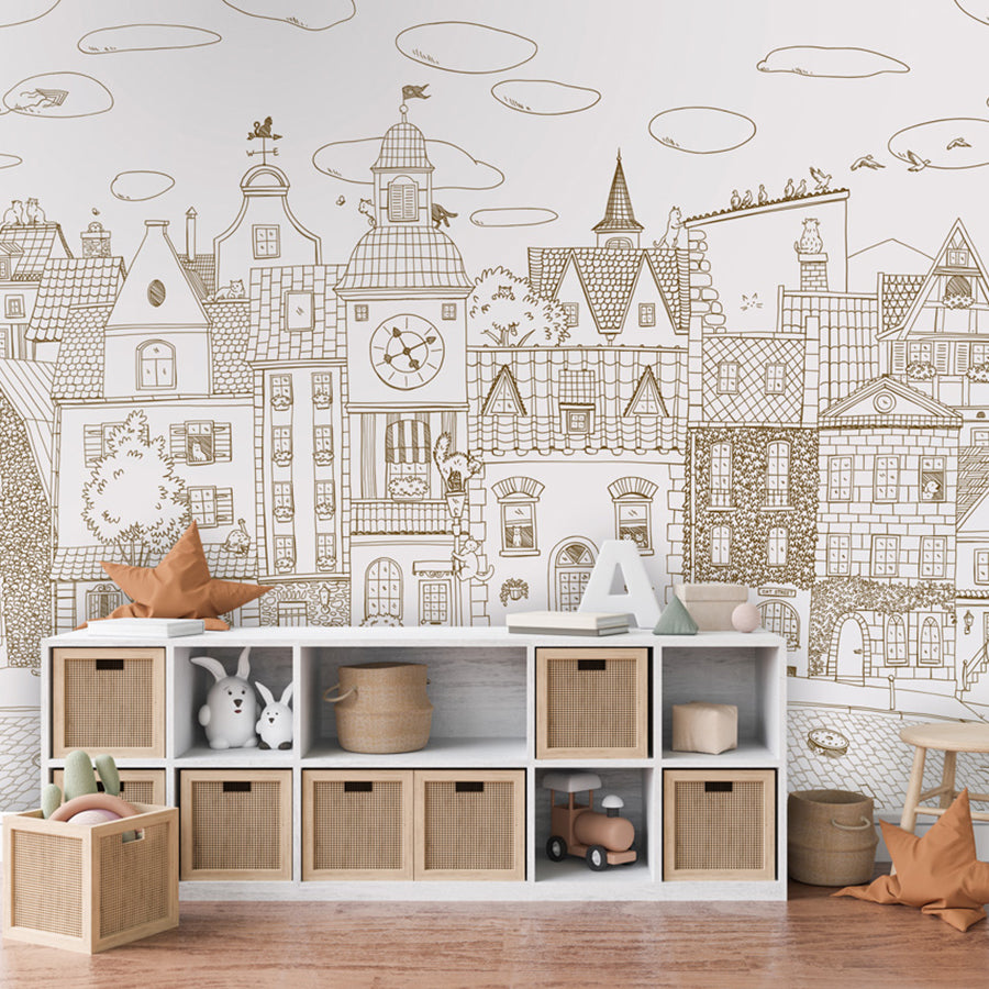 Village Cats – Sepia Lines wallpaper mural shown in a children's bedroom dresser