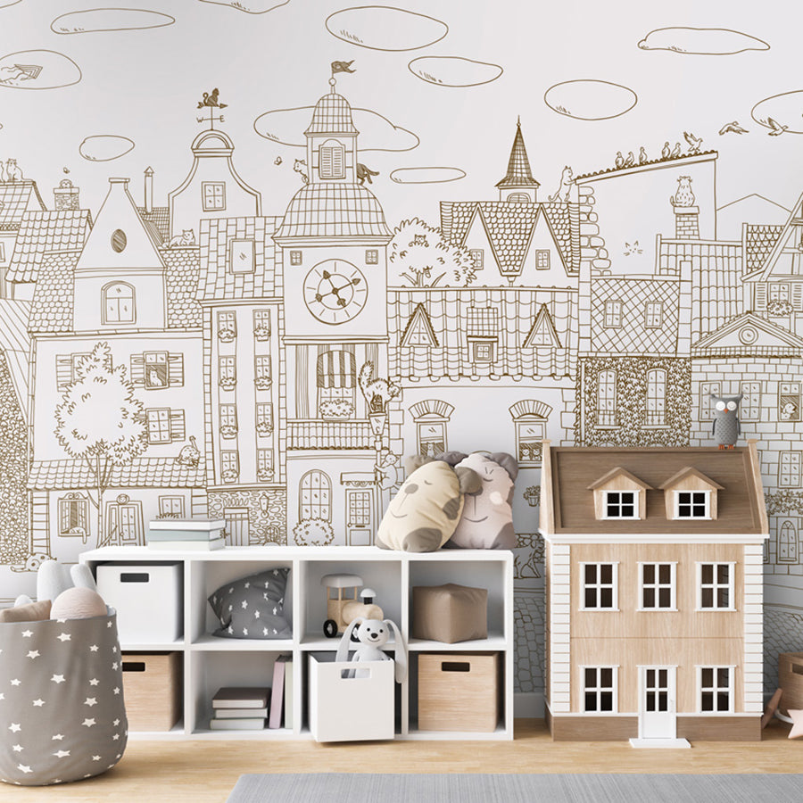Village Cats – Sepia Lines wallpaper mural shown in a children's bedroom house bed