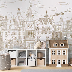 Village Cats – Sepia Lines wallpaper mural shown in a children's bedroom house bed
