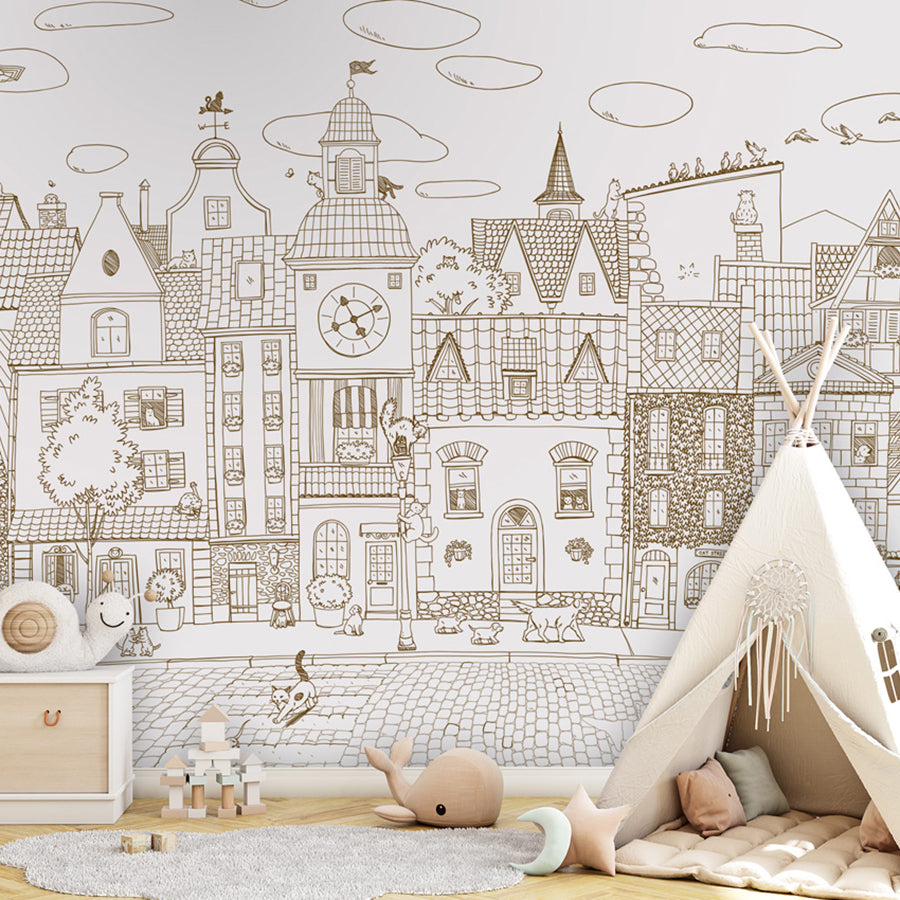 Village Cats – Sepia Lines wallpaper mural shown in a children's bedroom teepee