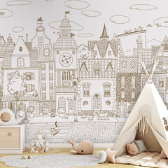 Village Cats – Sepia Lines wallpaper mural shown in a children's bedroom teepee
