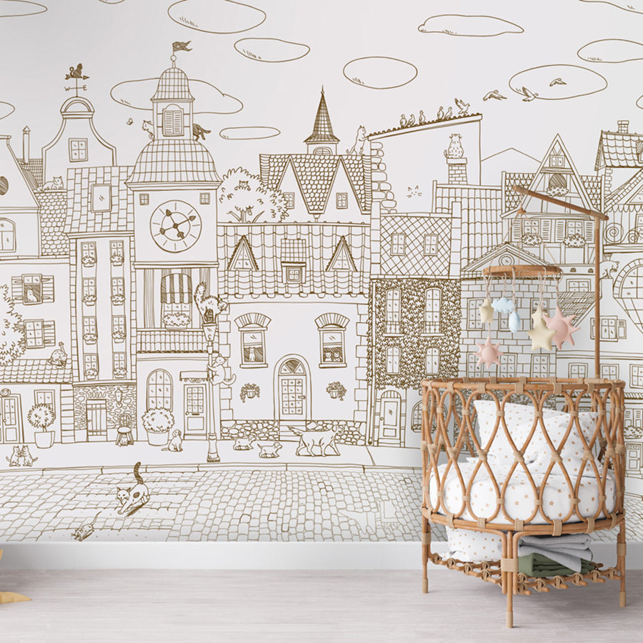 Village Cats – Sepia Lines wallpaper mural shown in a children's nursery crib