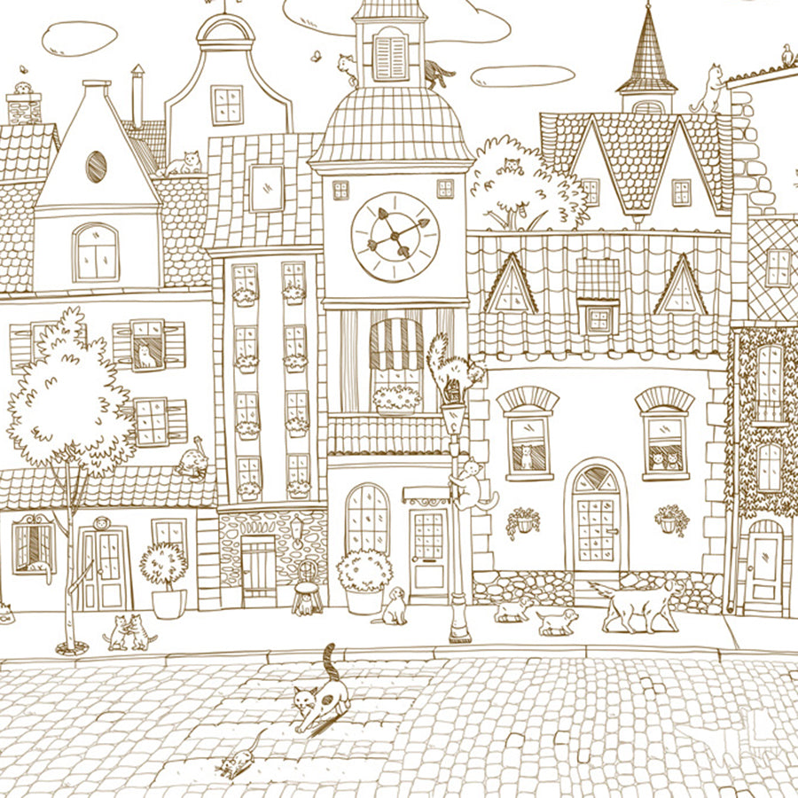 Close-up of the Village Cats – Sepia Lines wallpaper mural by Oliver Robins