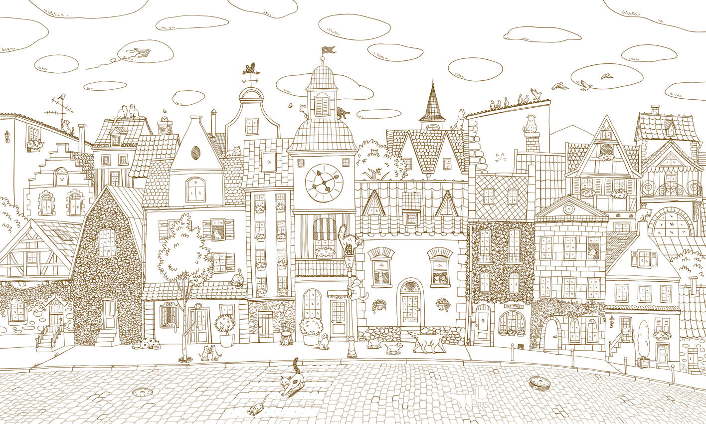 Village Cats – Sepia Lines wallpaper mural by Oliver Robins