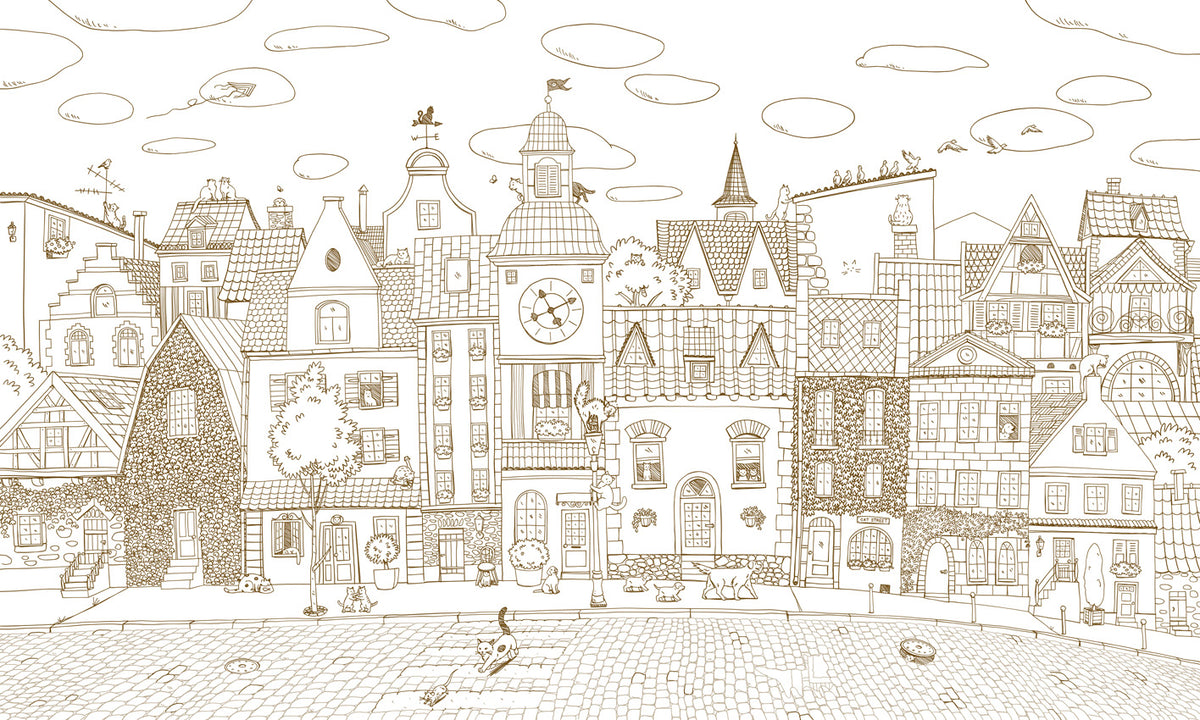Village Cats – Sepia Lines wallpaper mural by Oliver Robins