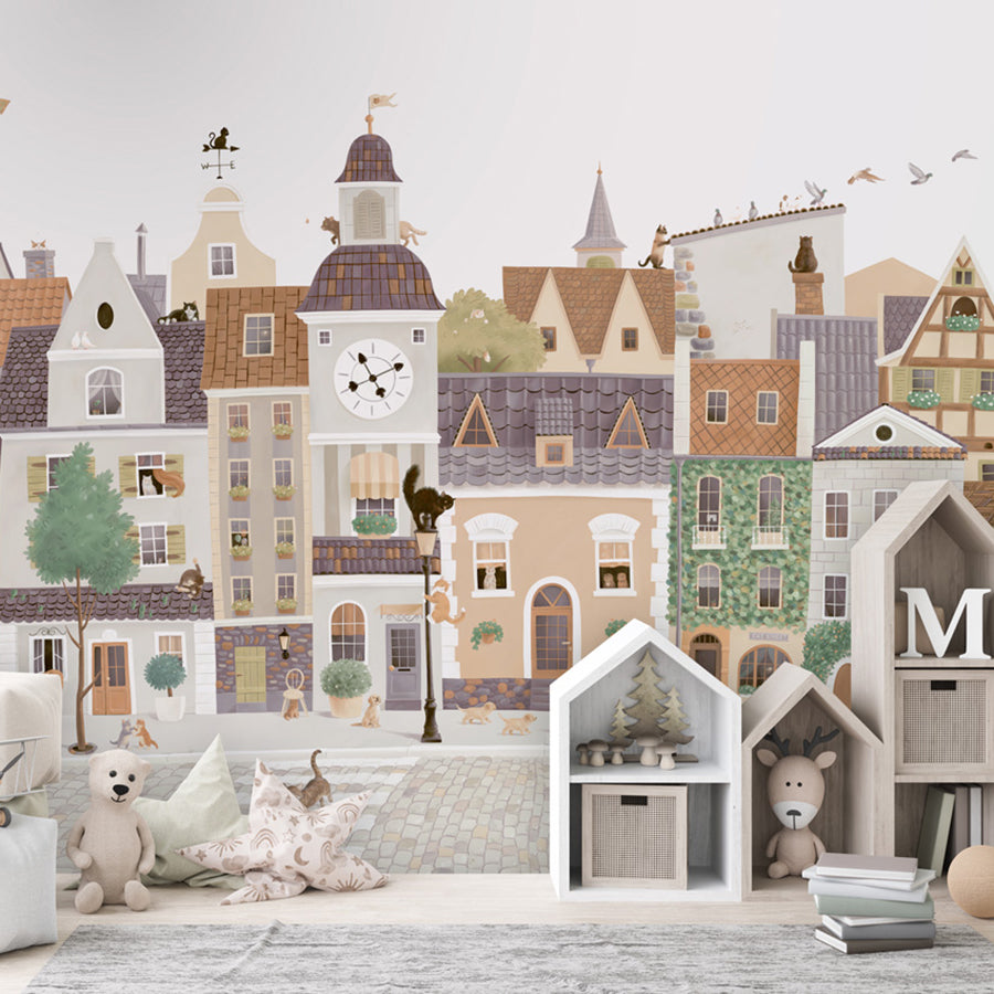 Village Cats wallpaper mural shown in a children's bedroom house shelves