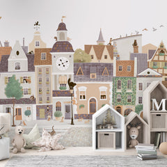 Village Cats wallpaper mural shown in a children's bedroom house shelves