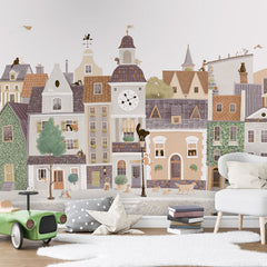 Village Cats wallpaper mural shown in a children's bedroom toy car