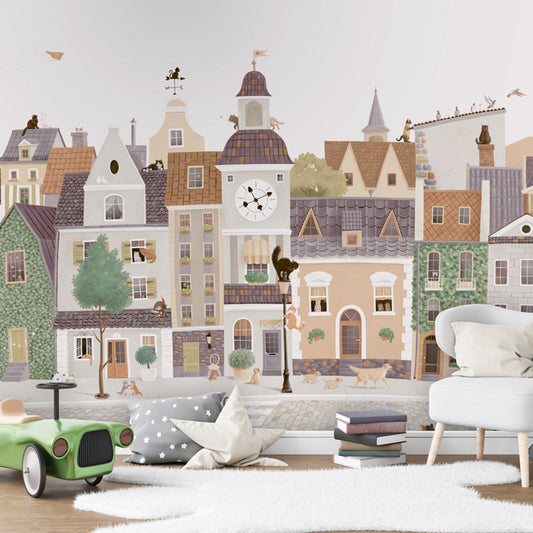 Village Cats wallpaper mural shown in a children's bedroom toy car