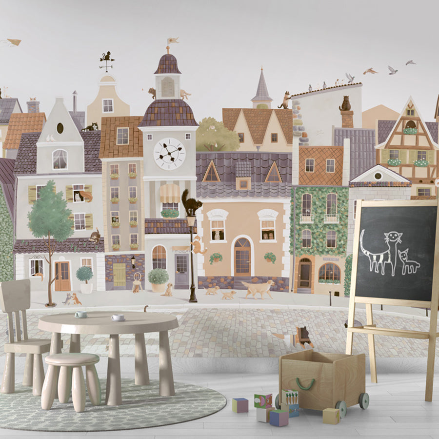 Village Cats wallpaper mural shown in a children's playroom chalkboard