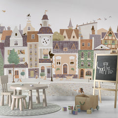 Village Cats wallpaper mural shown in a children's playroom chalkboard