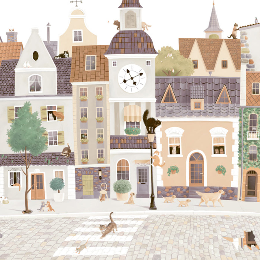 Close-up of the Village Cats wallpaper mural by Oliver Robins