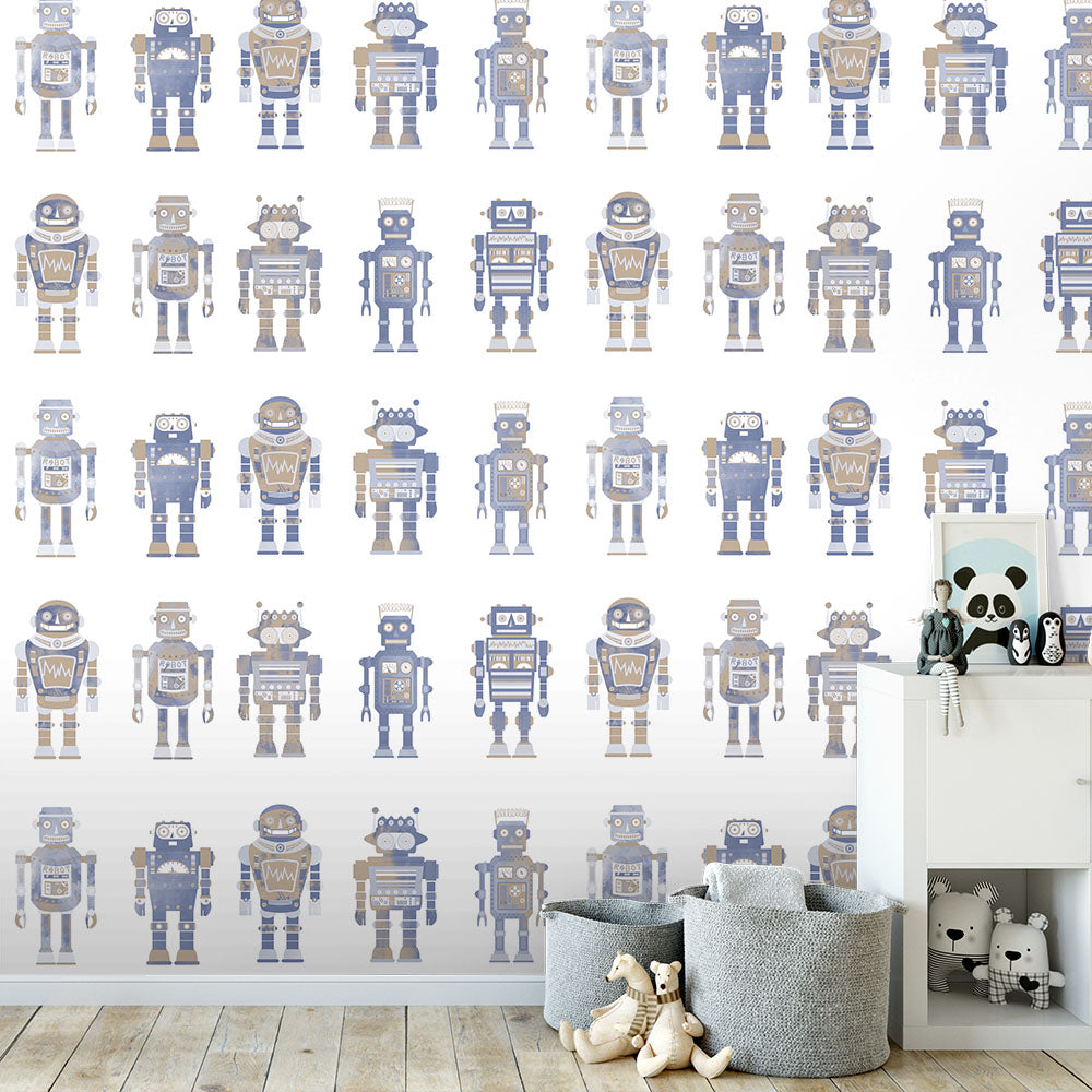 Vintage Robots wallpaper mural styled in a child’s bedroom