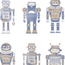 Close-up of the muted blue and brown Vintage Robots wallpaper design