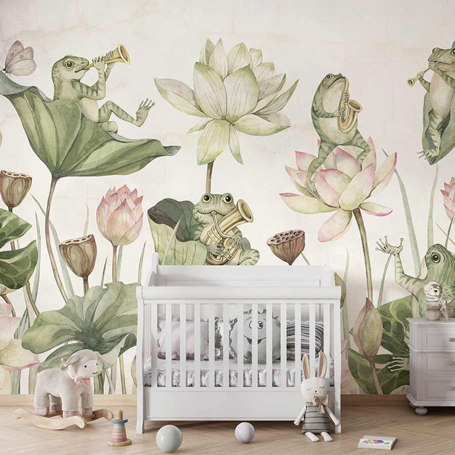 Water Lily Orchestra wallpaper mural in a nursery cot