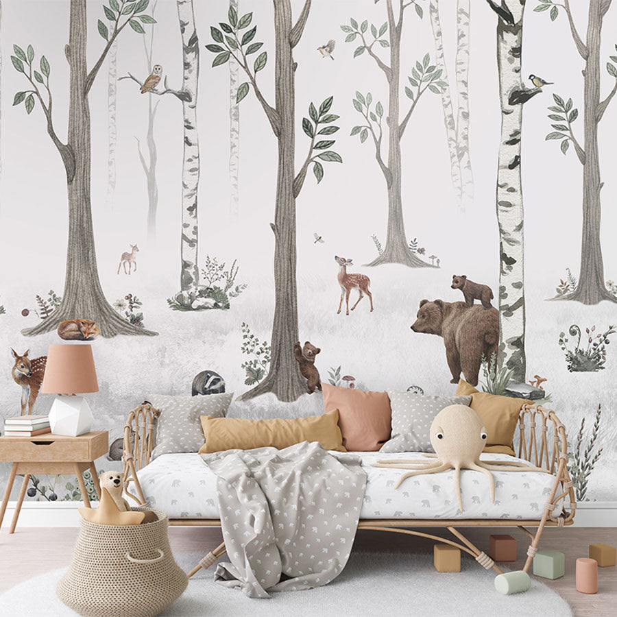 White Forest wallpaper mural in a children’s bedroom rattan daybed