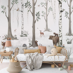 White Forest wallpaper mural in a children’s bedroom rattan daybed