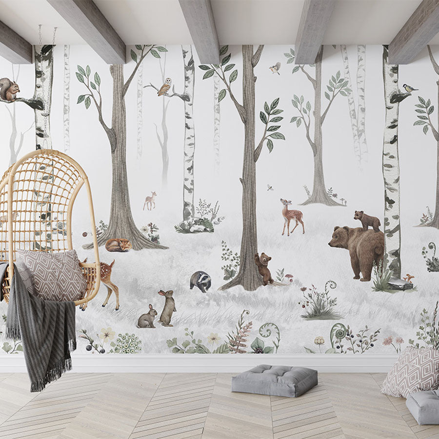 White Forest wallpaper mural in a living room hanging chair