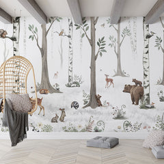 White Forest wallpaper mural in a living room hanging chair