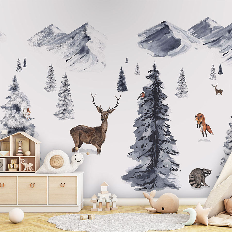Winter Wonderland wallpaper mural in a children’s playroom tipi