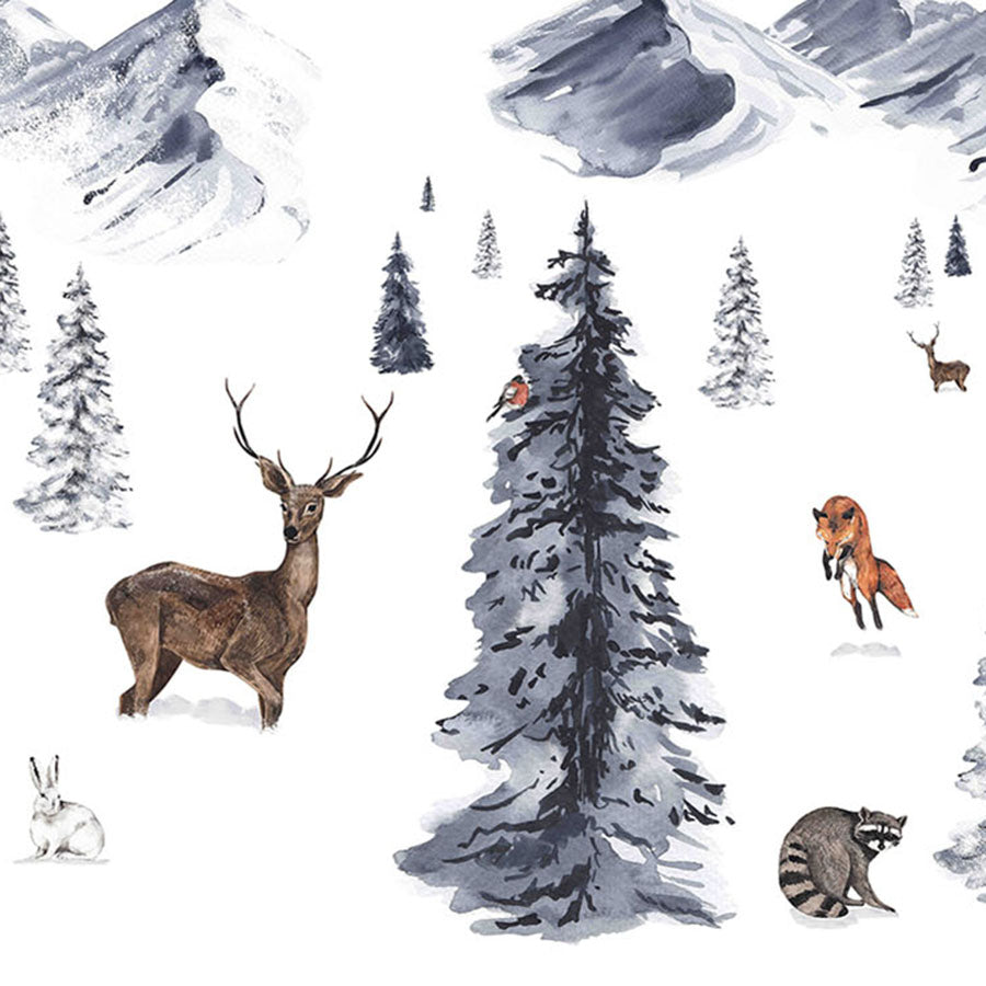 Close-up of the Winter Wonderland wallpaper mural featuring snowy mountains, pine trees and woodland animals