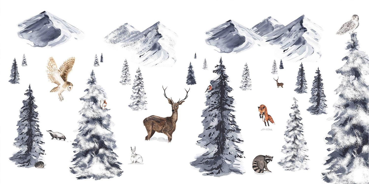 Winter Wonderland wallpaper mural by Kikki Belle featuring snowy mountains, pine trees and woodland animals
