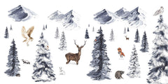 Winter Wonderland wallpaper mural by Kikki Belle featuring snowy mountains, pine trees and woodland animals