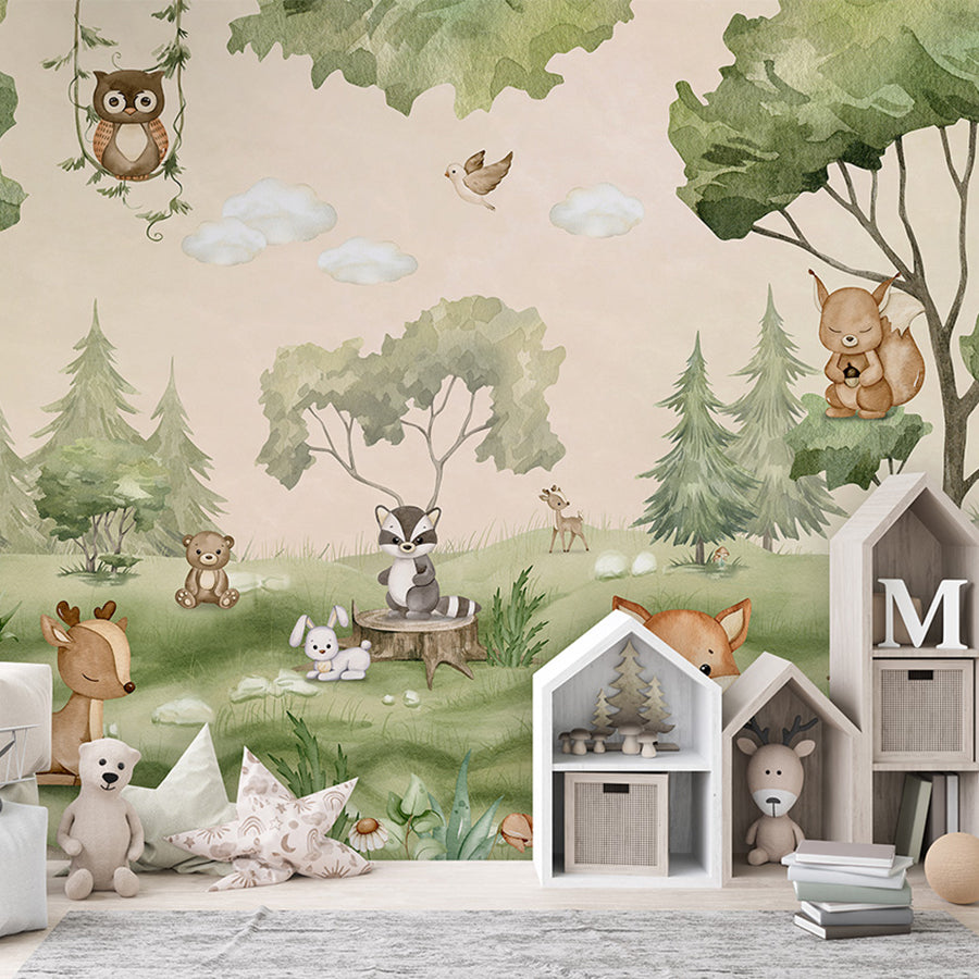 Woodland Joy wallpaper mural shown in a children's bedroom house shelves