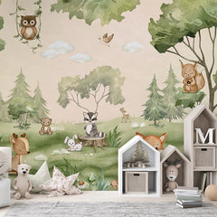 Woodland Joy wallpaper mural shown in a children's bedroom house shelves