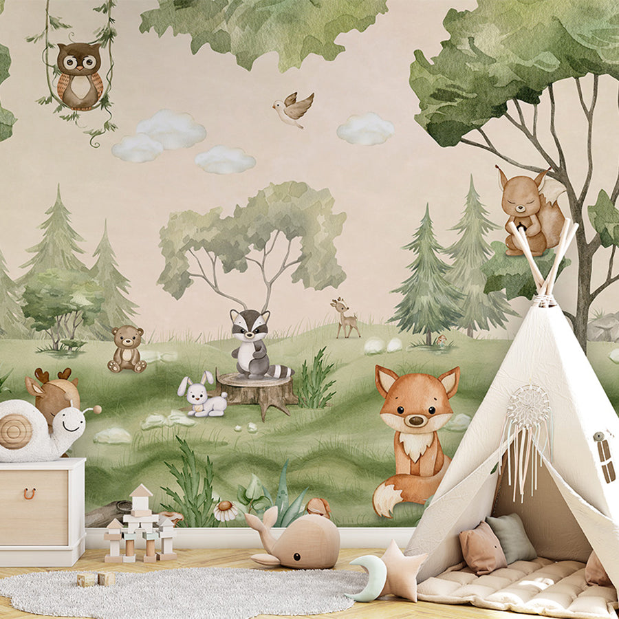 Woodland Joy wallpaper mural shown in a children's bedroom teepee