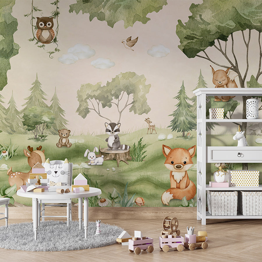Woodland Joy wallpaper mural shown in a children's playroom table