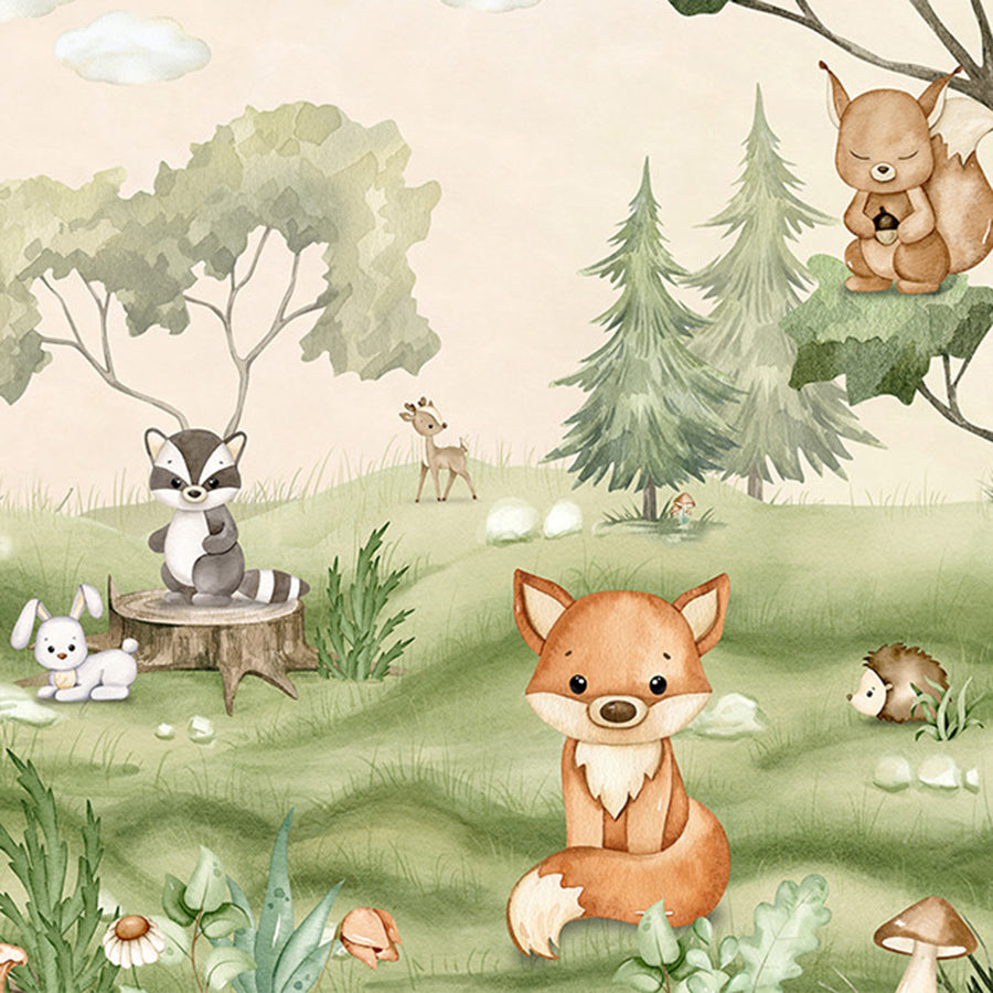 Close-up of the Woodland Joy wallpaper mural by Oliver Robins